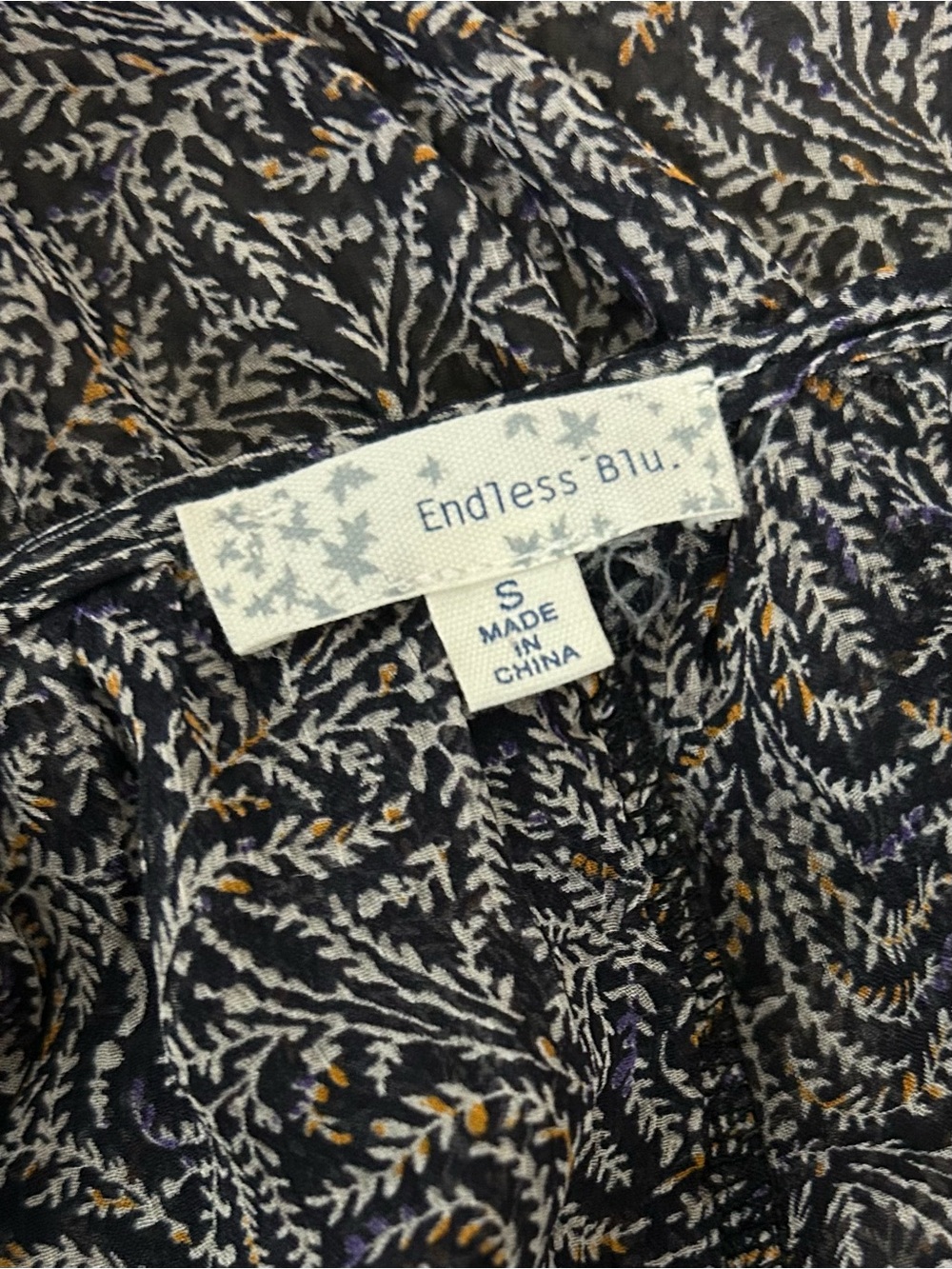 Endless Blu Sheer Boho Mini Dress Leaf Print Beaded Ruffle Black Cream - Picture 9 of 9
